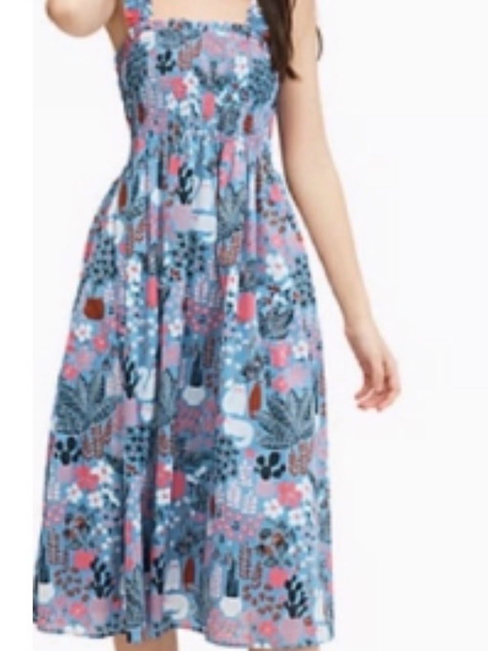 kate spade Blue Floral-Print Smocked Midi Dress